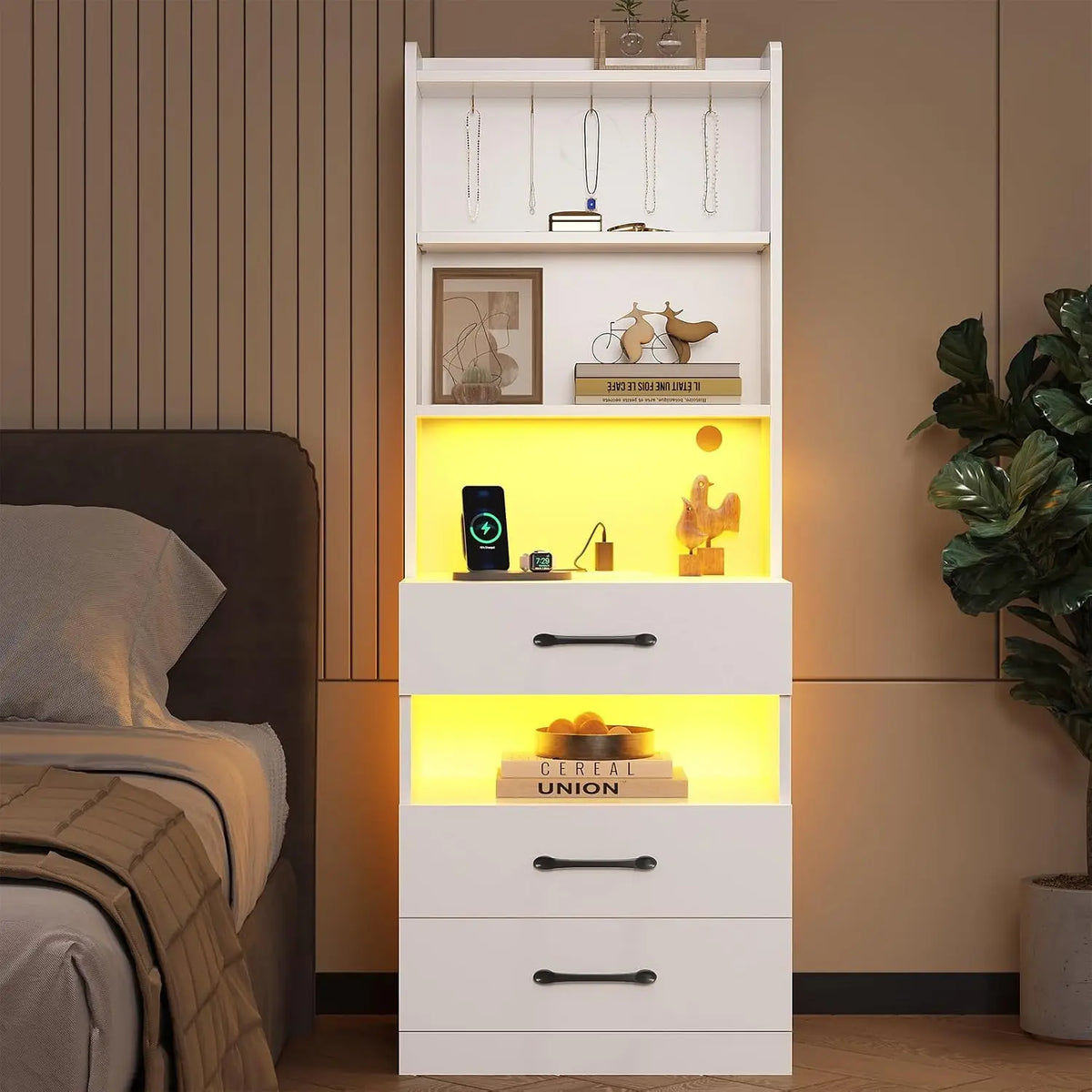 Tall Nightstand with Charging Station & LED, Black Bedside Table with Bookshelf & 3 Drawers, End Table for Bedroom, Customized