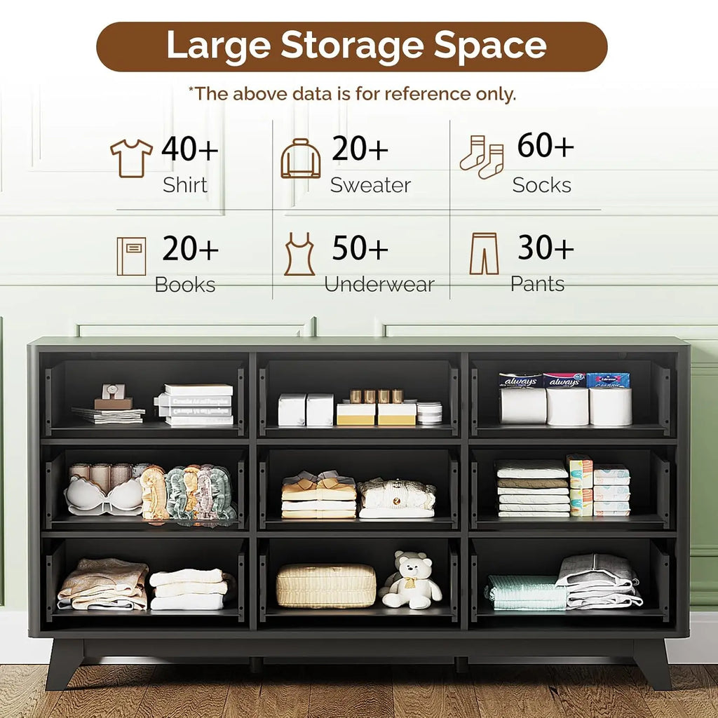 Fluted 57" Wide Modern Dresser With Metal Handle & Curved Profile, Wood Drawer Organizer For Bedroom, Black, Customized
