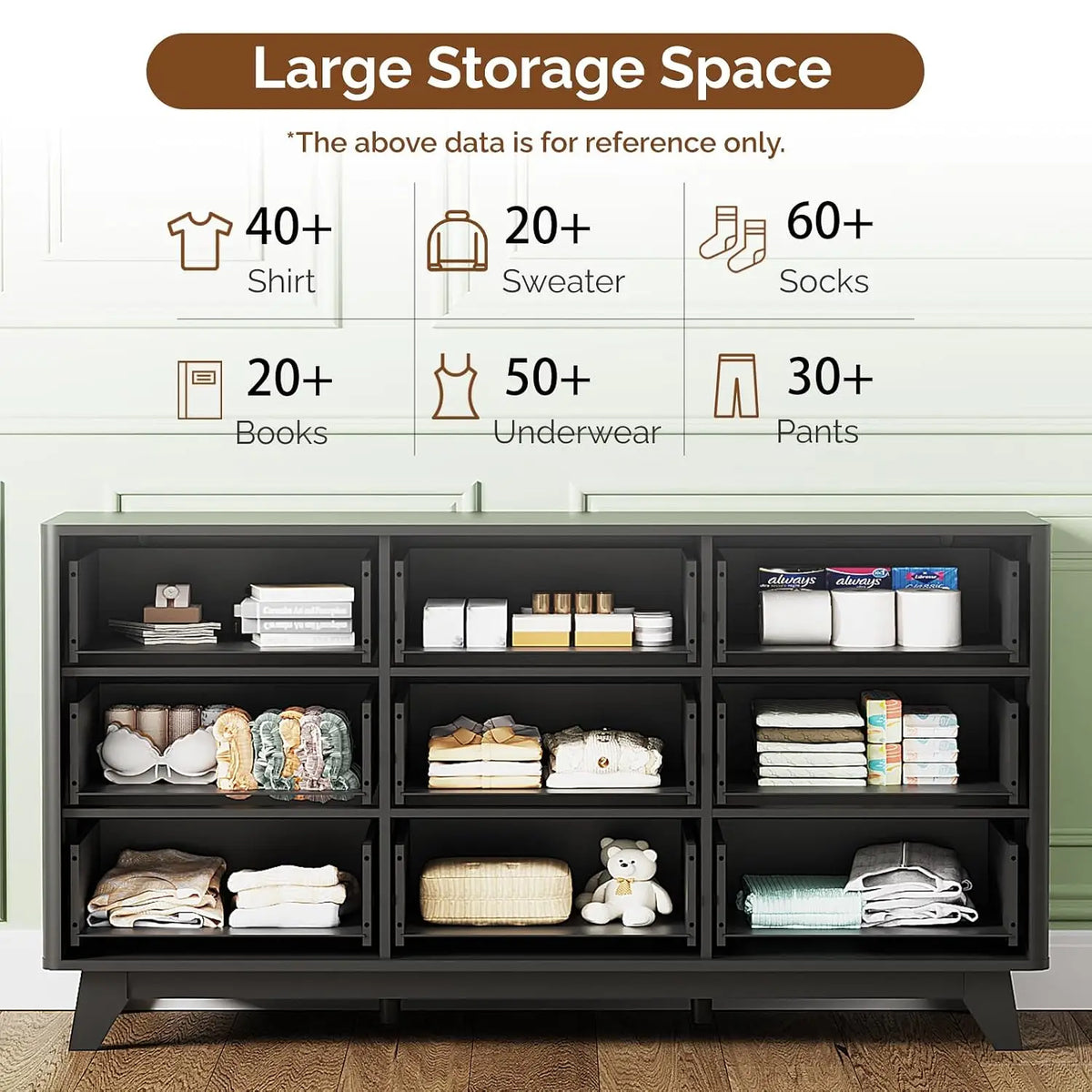 Fluted 57" Wide Modern Dresser With Metal Handle & Curved Profile, Wood Drawer Organizer For Bedroom, Black, Customized
