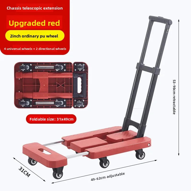 Portable Folding Hand Truck 100kg Load Capacity Home Cargo Flatbed Cart Mute/Regular Wheel Optional Luggage Trailer Drawbar Cart