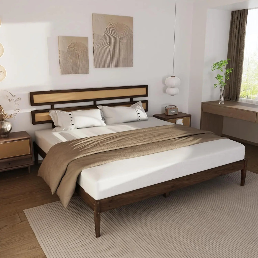 Solid Wood Bed Frame With Headboard, Platform Panel, Brown, Customized