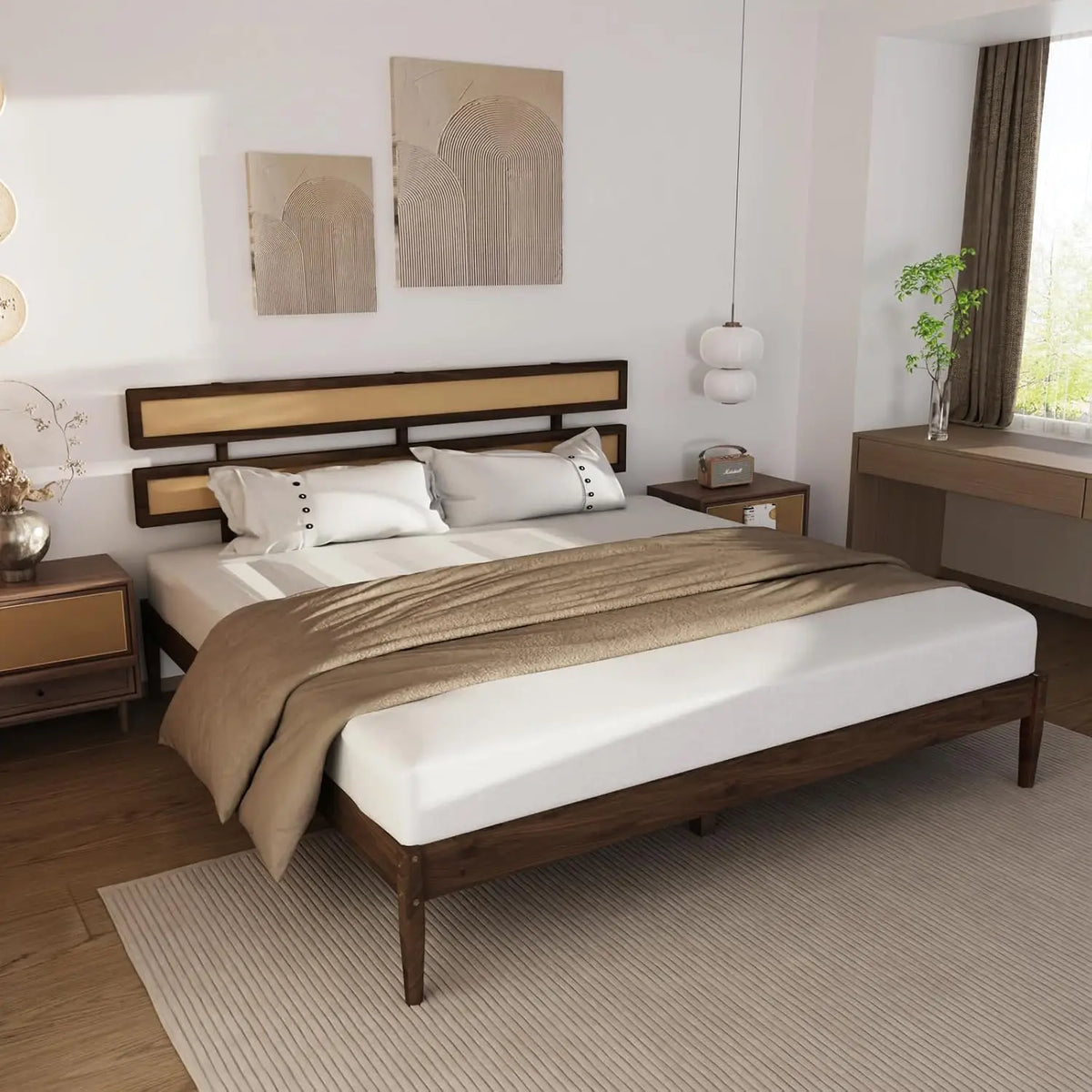 Solid Wood Bed Frame With Headboard, Platform Panel, Brown, Customized