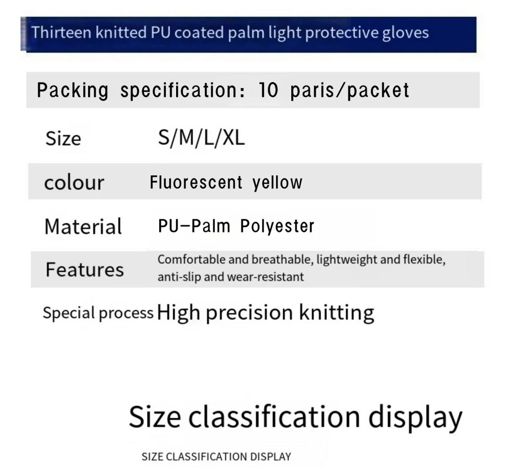 10 Pairs PU Coated Work Gloves - Lightweight, Durable Safety Gloves EN 388/ISO20471 Certified, Sizes S/M/L/XL