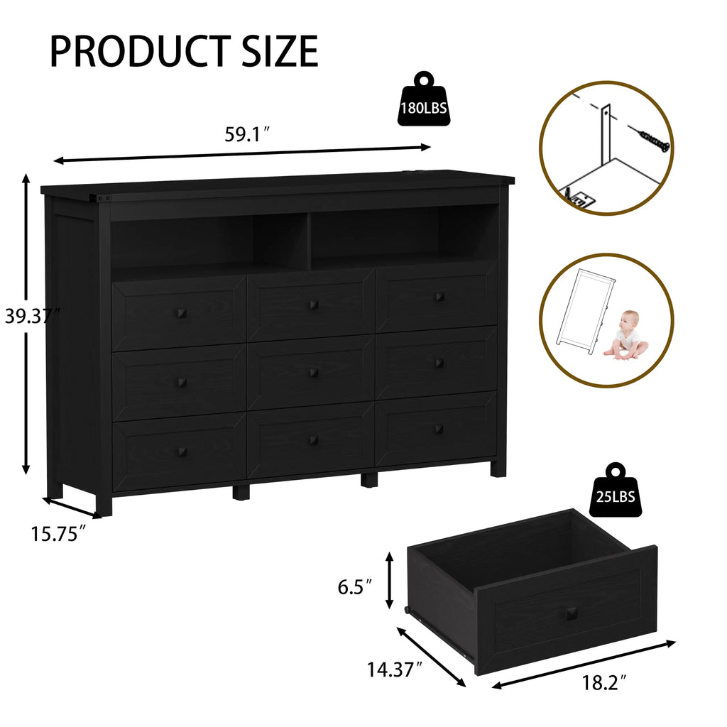 Dresser for Bedroom with 9 Drawers, LED Lights, Power Outlet, Black