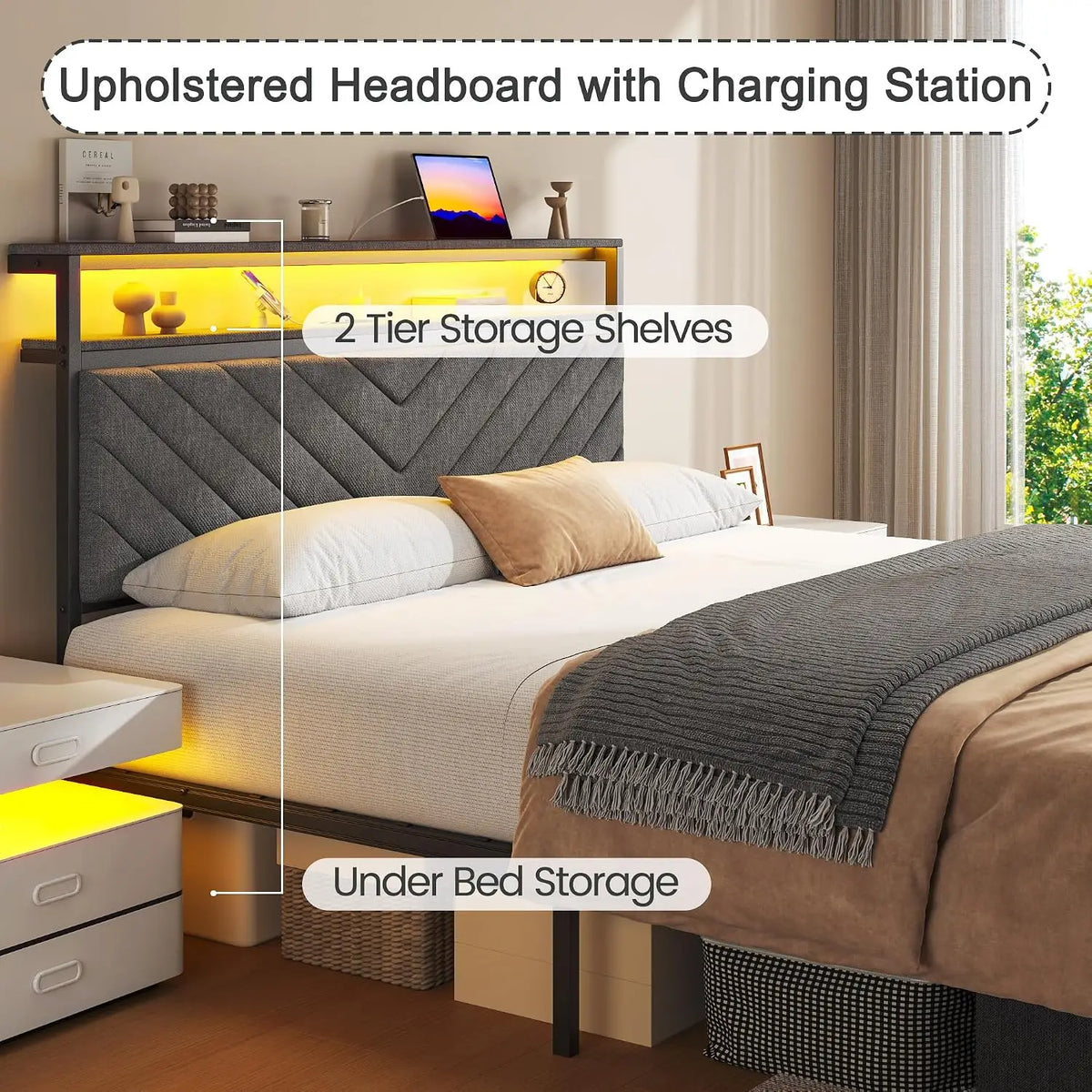 Queen Bed Frame with 2 Drawers, Upholstered Headboard with Storage and Charging Station, LED Lights, Fabric Drawers