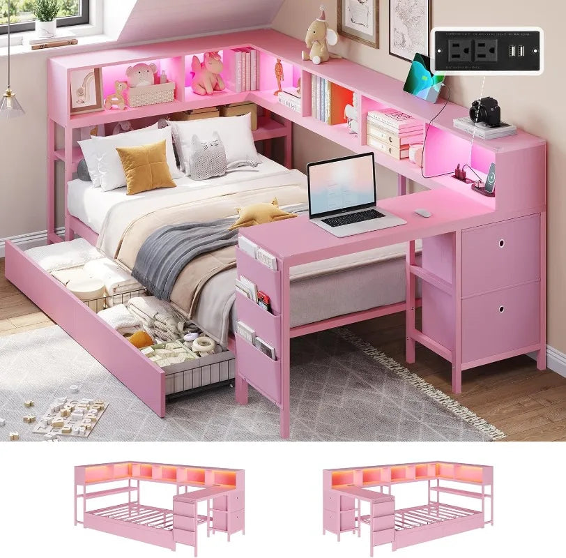 DICTAC Corner Twin Bed Frame with Desk,Charging Station and Bookcase Storage Daybed for Kids/Teen with Storage Drawers