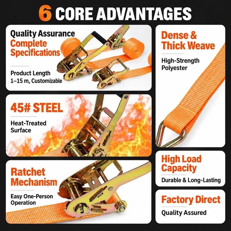 Heavy-Duty Car & Truck Front Cargo Ratchet Strap with Metal Buckle - Adjustable, Secure Tie-Down for Safe Luggage Transport