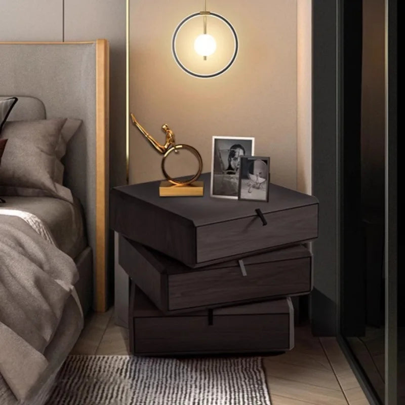 #Italian Style Minimalist Solid Wood Swivel Nightstand with Glass Top Chest Drawers Modern Light Luxury Home Bedroom Furniture