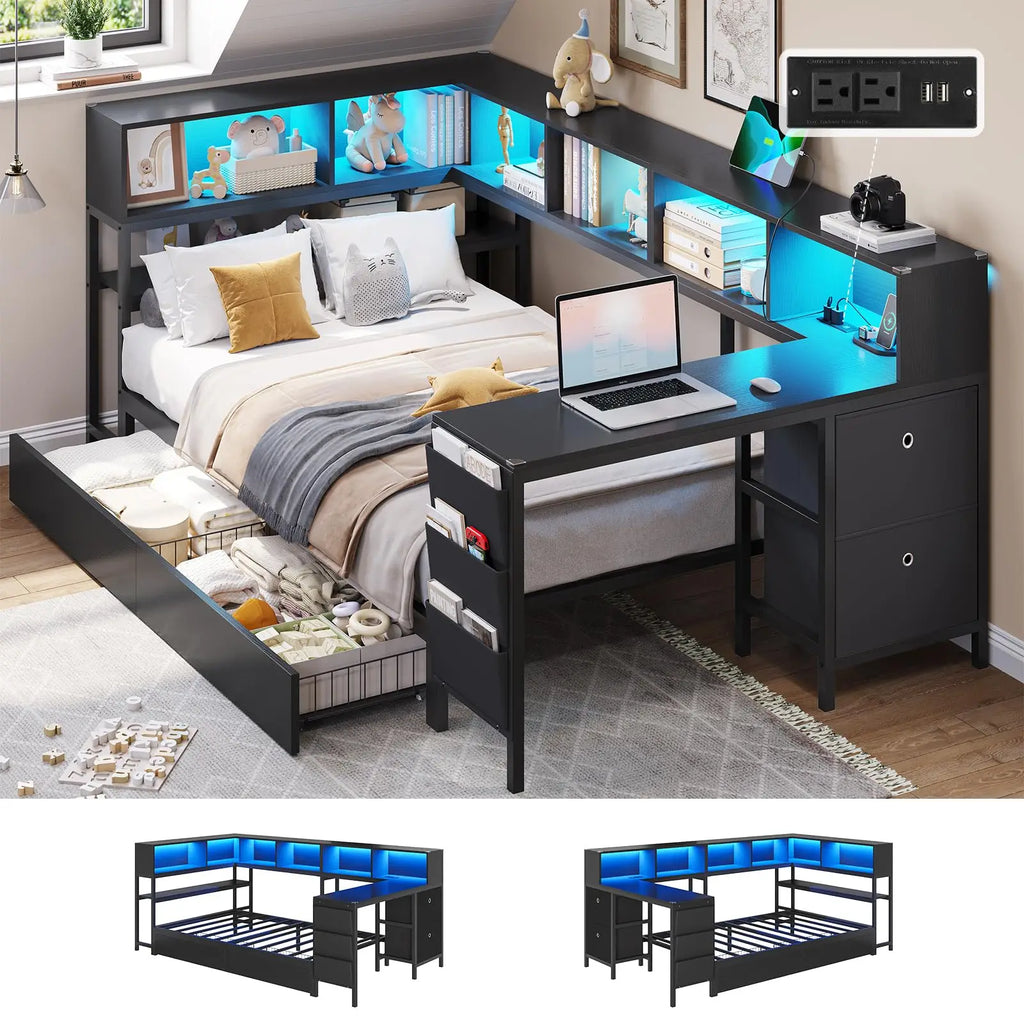 DICTAC Corner Twin Bed Frame with Desk,Charging Station and Bookcase Storage Daybed for Kids/Teen with Storage Drawers