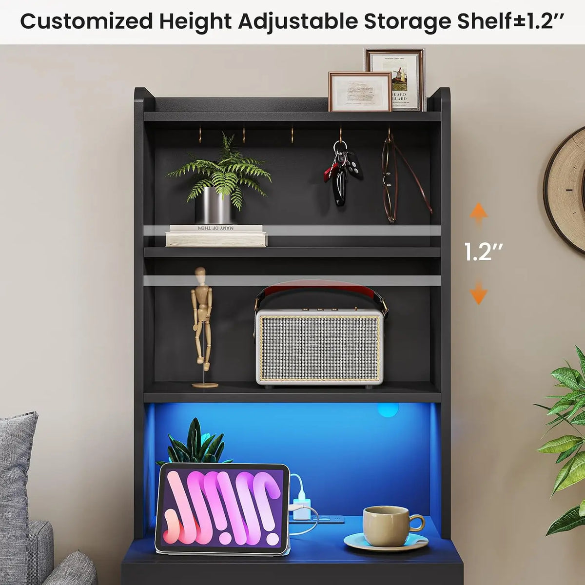 Tall Nightstand with Charging Station & LED, Black Bedside Table with Bookshelf & 3 Drawers, End Table for Bedroom, Customized