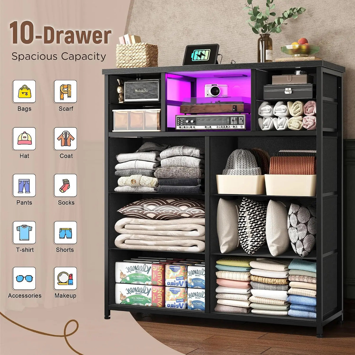 Black Dresser for Bedroom with 10 Drawers, LED & Charging Station, Customized