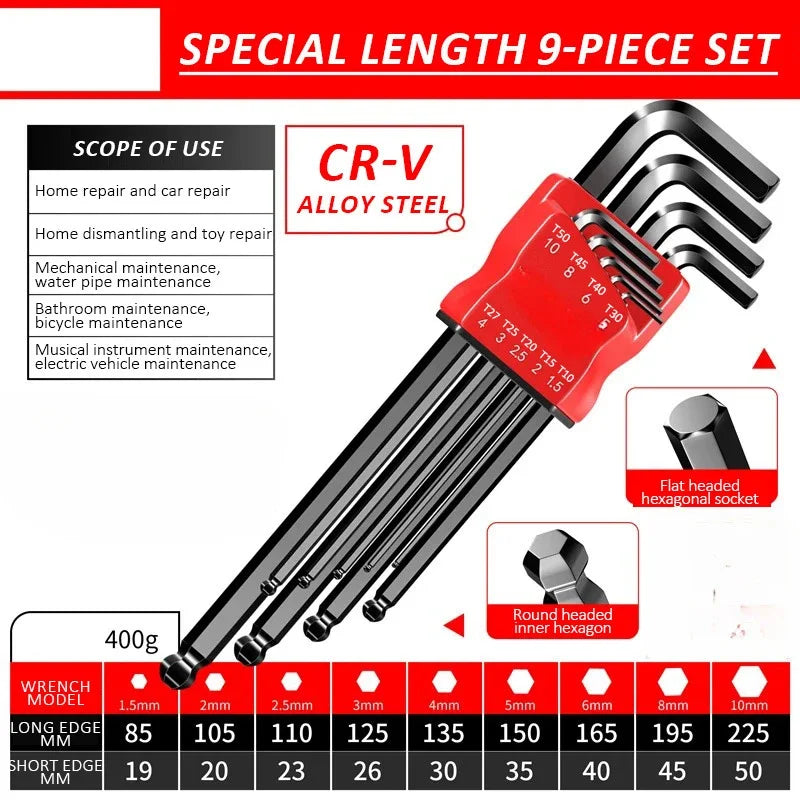 Allen Key Set，Allen Hex Wrench Screwdriver Set With Sleev Universal Torque Long Metric,for Motorcycles, Bicycles