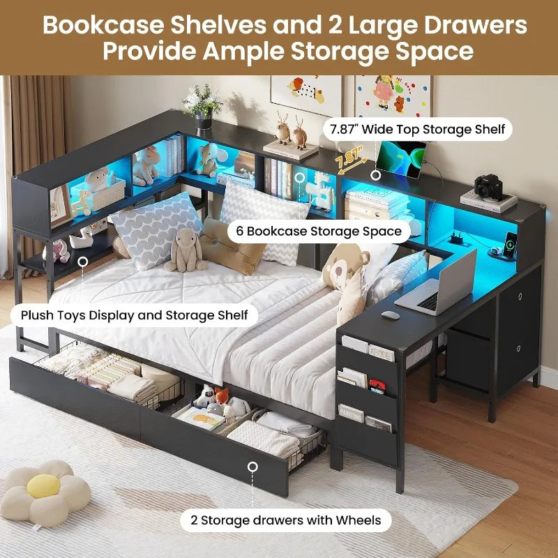 DICTAC Corner Twin Bed Frame with Desk,Charging Station and Bookcase Storage Daybed for Kids/Teen with Storage Drawers