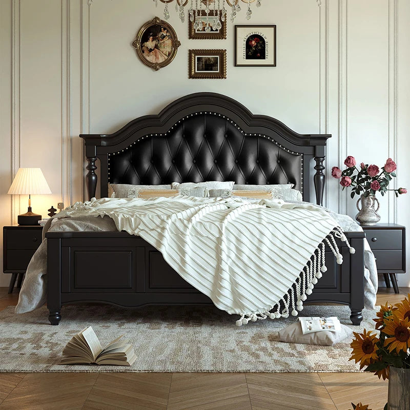 Wooden Design Bed Bedroom King Size Luxury European Floor Frame Bed Sleeping Princess Leather Letto Matrimoniale Home Furniture