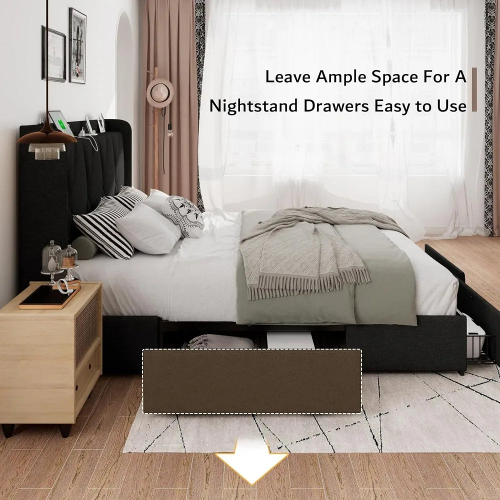 Queen Bed Frame with 4 Storage Drawers, Upholstered Platform Bed Frame with Charging Station, Modern Wingback Storage, Custom