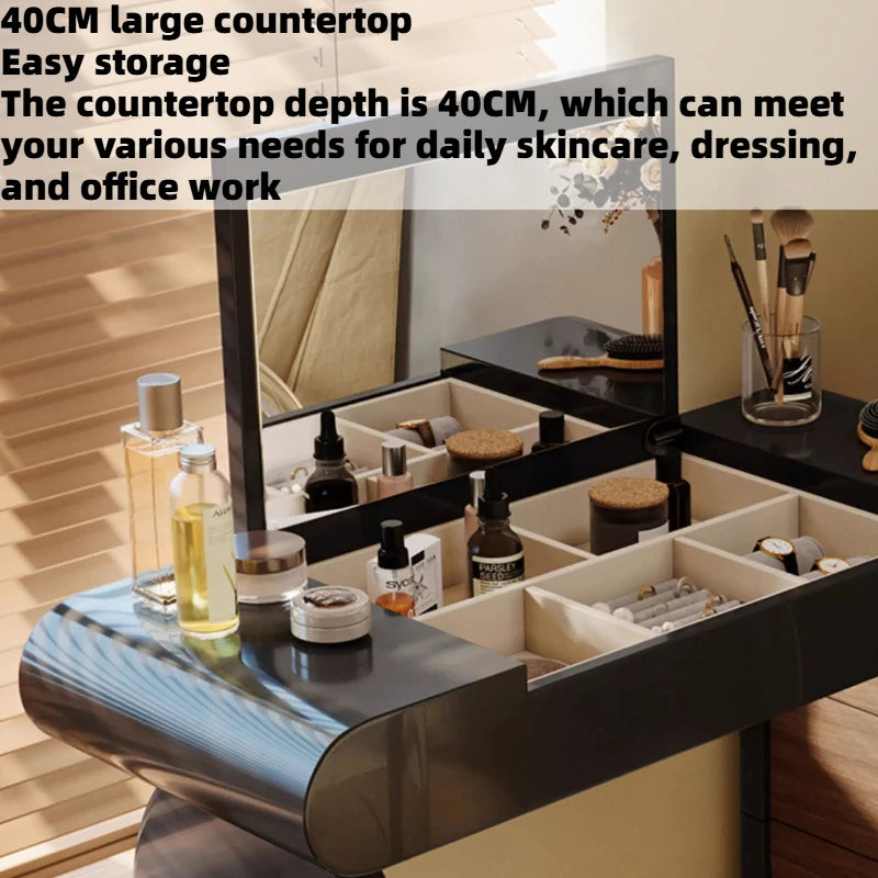 Black Flip Makeup Dressing Table With Light Mirror Stool Headdresses Vanity Desk Dresser Wooden Hairstyle Hotel Furniture
