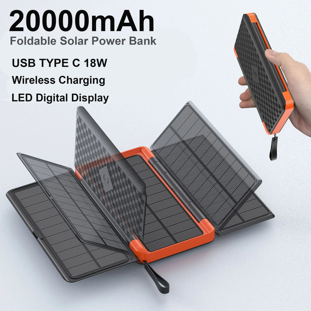 20000mAh Solar Power Bank Qi Wireless Charger 3 Solar Panel Folding Powerbank for iPhone 16 15 14 13 12 Huawei Xiaomi Poverbank