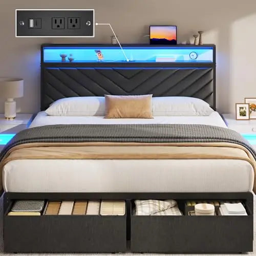 Queen Bed Frame with 2 Drawers, Upholstered Headboard with Storage and Charging Station, LED Lights, Fabric Drawers