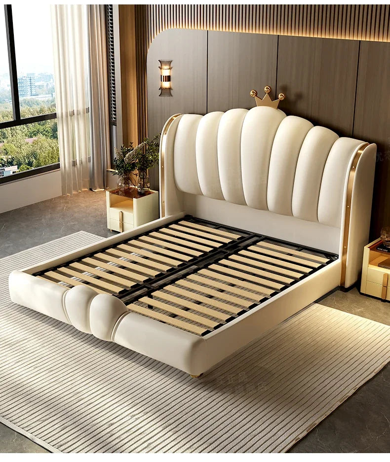 Modular Designer Aesthetic Bed Frame King Size Queen Double Bed Frame White Faux Leather Camas Matrimonial Bedroom Furniture