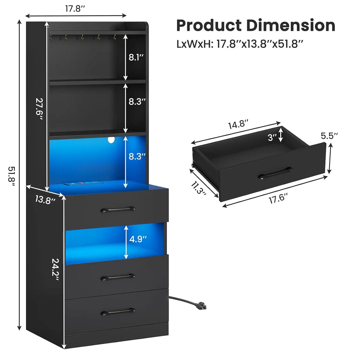 Tall Nightstand with Charging Station & LED, Black Bedside Table with Bookshelf & 3 Drawers, End Table for Bedroom, Customized