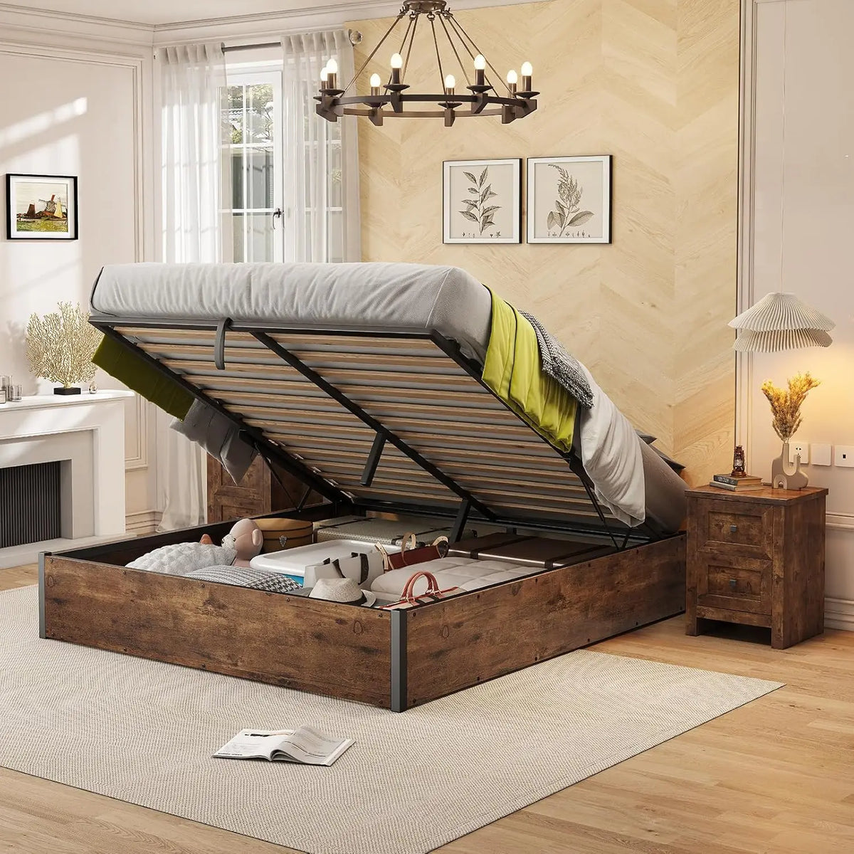 Full Size Lift Up Storage Bed Frame, White Oak, No Box Spring, Space Saving Hidden Storage, No Headboard, Modern Farmhouse, Easy