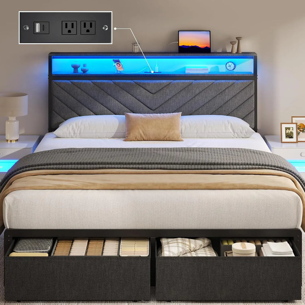 Queen Bed Frame with 2 Drawers, Upholstered Headboard with Storage and Charging Station, LED Lights, Fabric Drawers