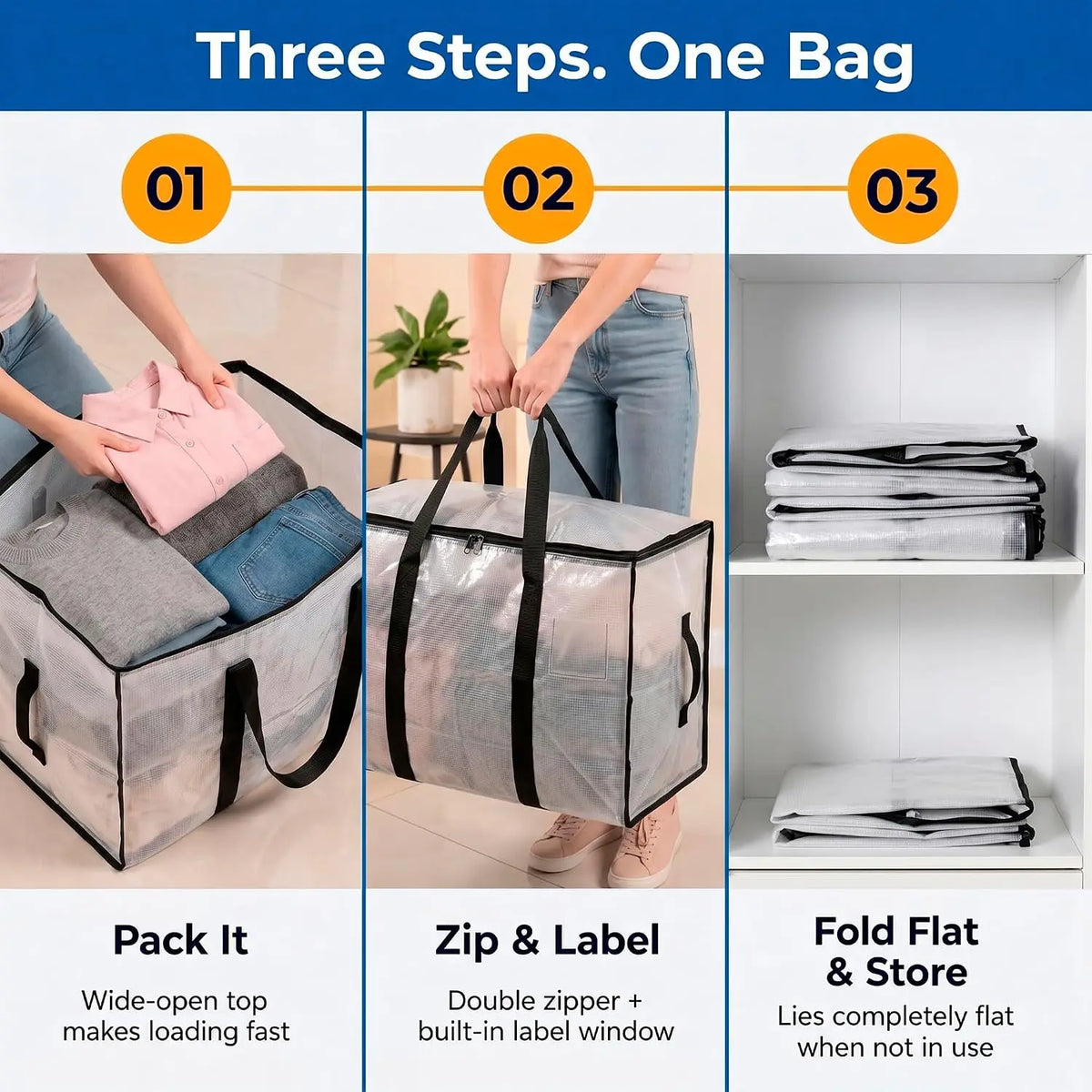 Oversized Moving Bags or Storage Bag, Large Moving Boxes with Backpack Straps, Zippers & Handles, Packing Bags for Moving.