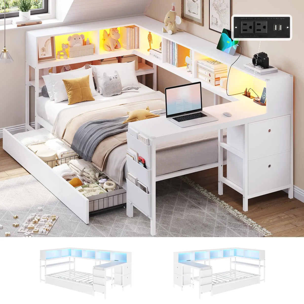DICTAC Corner Twin Bed Frame with Desk,Charging Station and Bookcase Storage Daybed for Kids/Teen with Storage Drawers