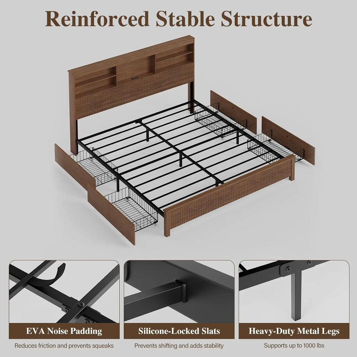 King Bed Frame with 4 Storage Drawers for Bedroom, Customized