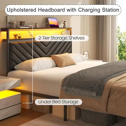 Queen Bed Frame with 2 Drawers, Upholstered Headboard with Storage and Charging Station, LED Lights, Fabric Drawers