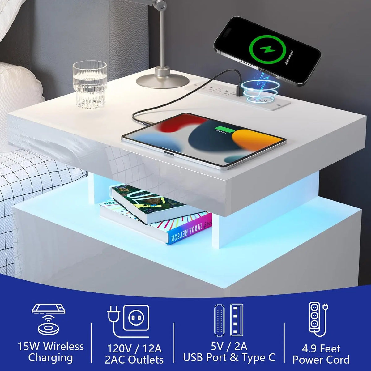 Nightstand LED Light & Charging Station USB Wireless Charging Modern 2 Drawer High Gloss Bedside Table Bedroom, Customized