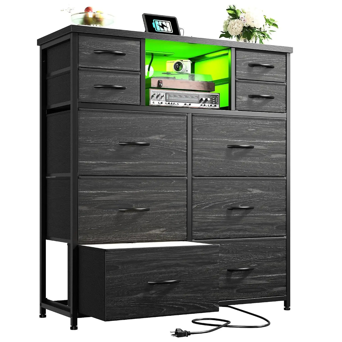 Black Dresser for Bedroom with 10 Drawers, LED & Charging Station, Customized