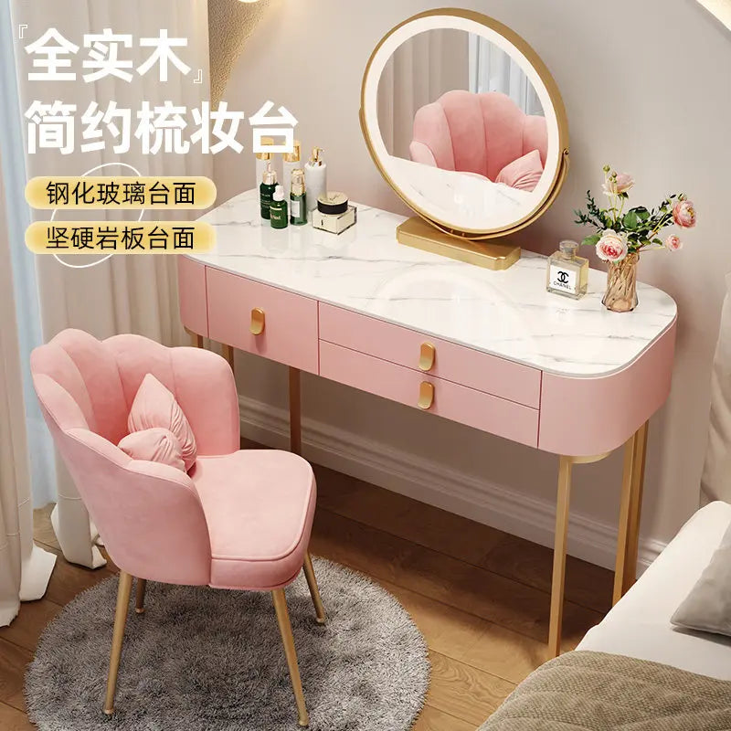 Led Light Mirror Dressing Table Desk Drawers French Wood Vintage Elegant Makeup Vanity Luxury Modern Storage Pink Furniture