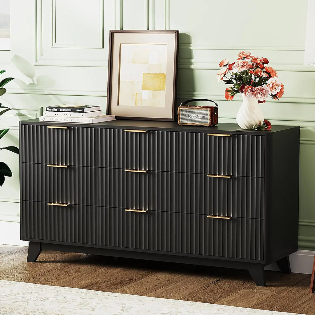Fluted 57" Wide Modern Dresser With Metal Handle & Curved Profile, Wood Drawer Organizer For Bedroom, Black, Customized