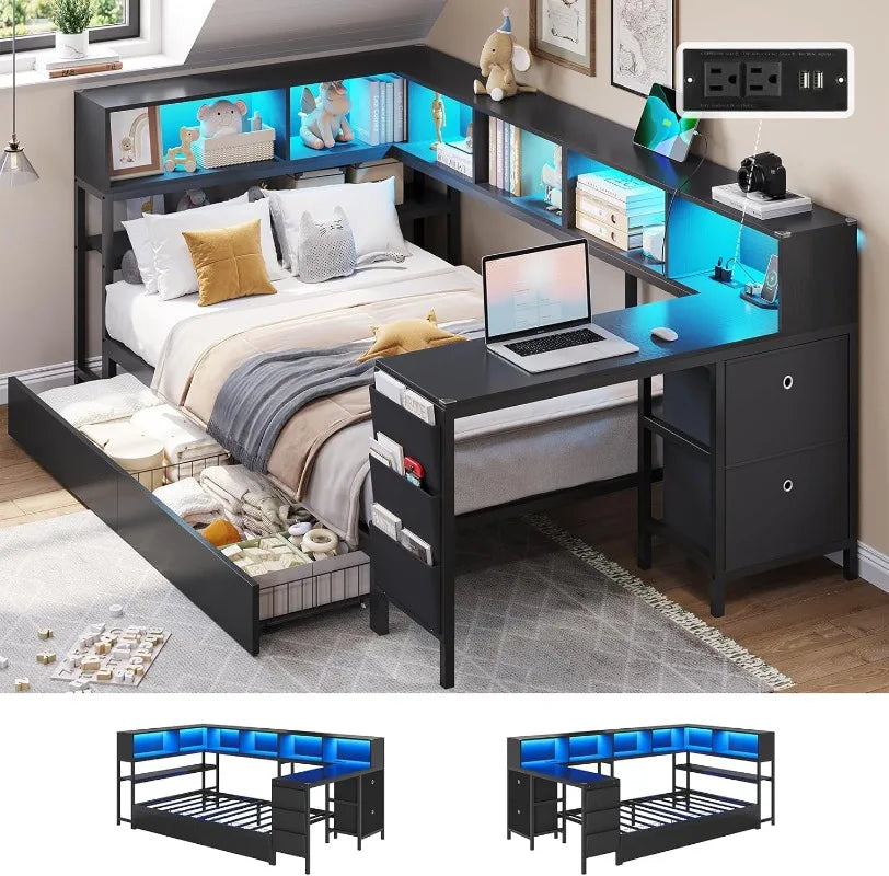 DICTAC Corner Twin Bed Frame with Desk,Charging Station and Bookcase Storage Daybed for Kids/Teen with Storage Drawers