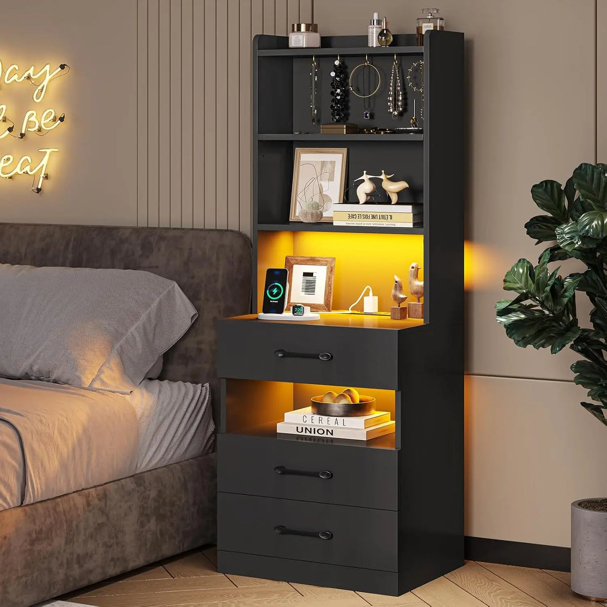 Tall Nightstand with Charging Station & LED, Black Bedside Table with Bookshelf & 3 Drawers, End Table for Bedroom, Customized