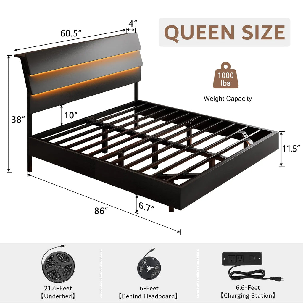 Queen Floating Bed Frame with LED Lights & Charging Station, Platform Bed with Wooden Storage Headboard, Steel Slats
