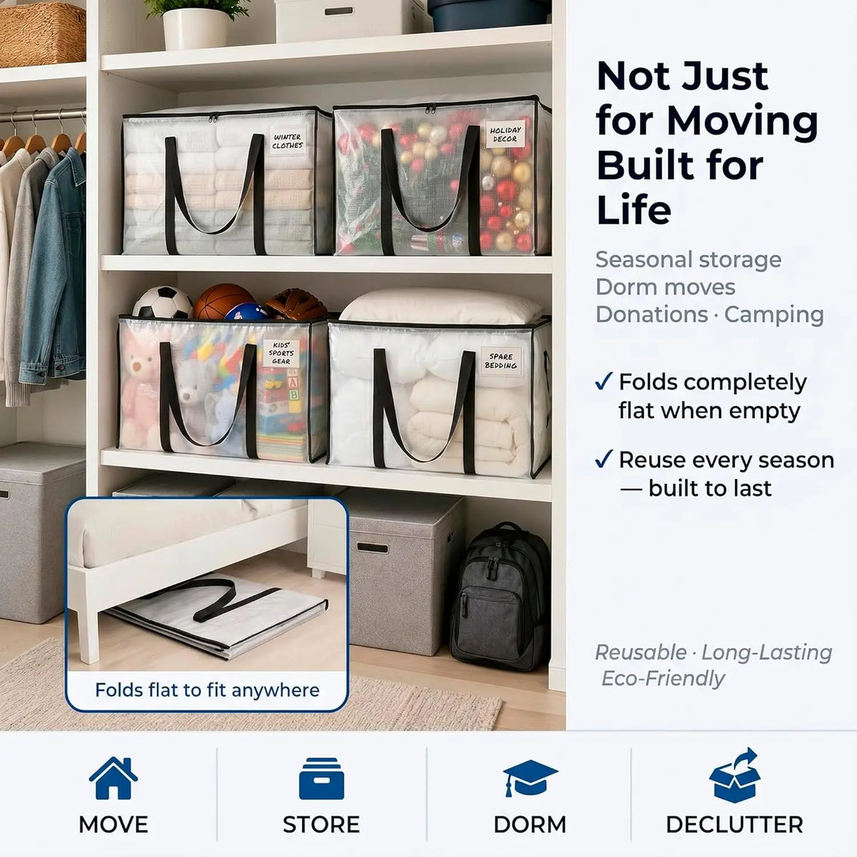 Oversized Moving Bags or Storage Bag, Large Moving Boxes with Backpack Straps, Zippers & Handles, Packing Bags for Moving.