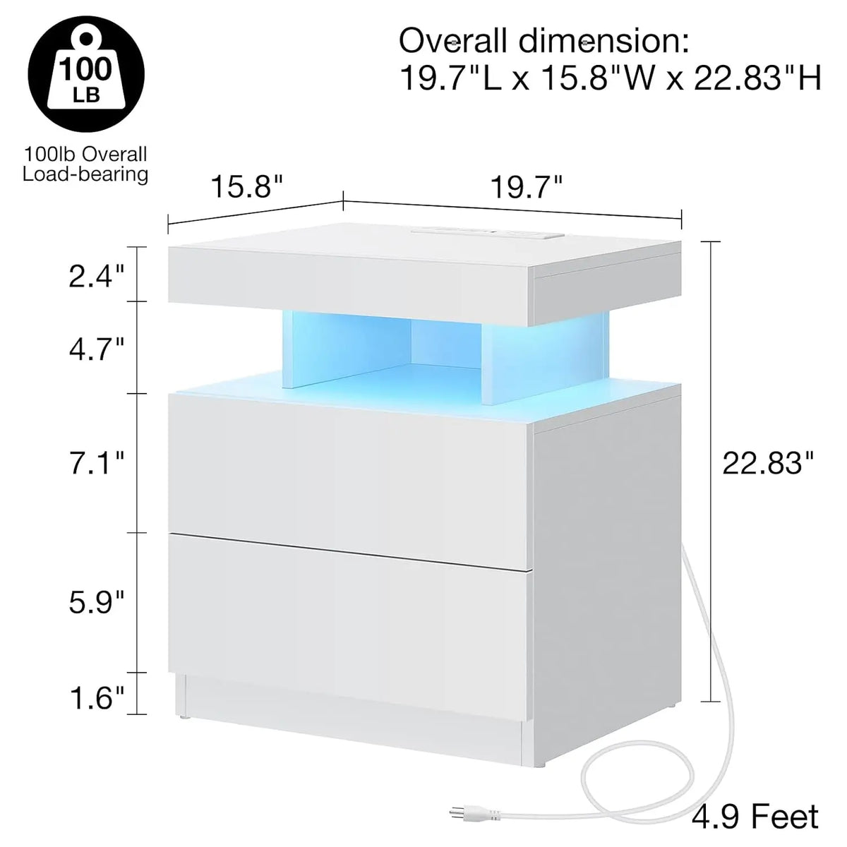 Nightstand LED Light & Charging Station USB Wireless Charging Modern 2 Drawer High Gloss Bedside Table Bedroom, Customized