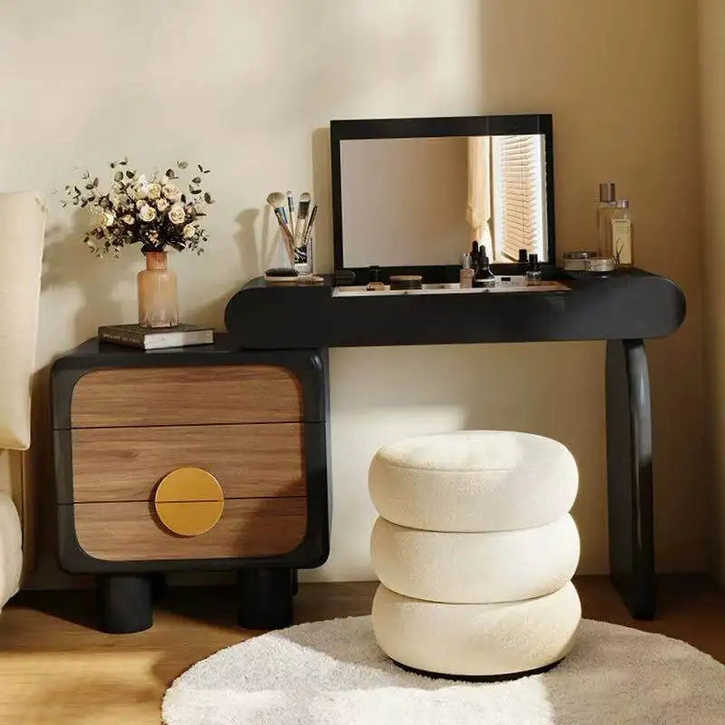 Black Flip Makeup Dressing Table With Light Mirror Stool Headdresses Vanity Desk Dresser Wooden Hairstyle Hotel Furniture