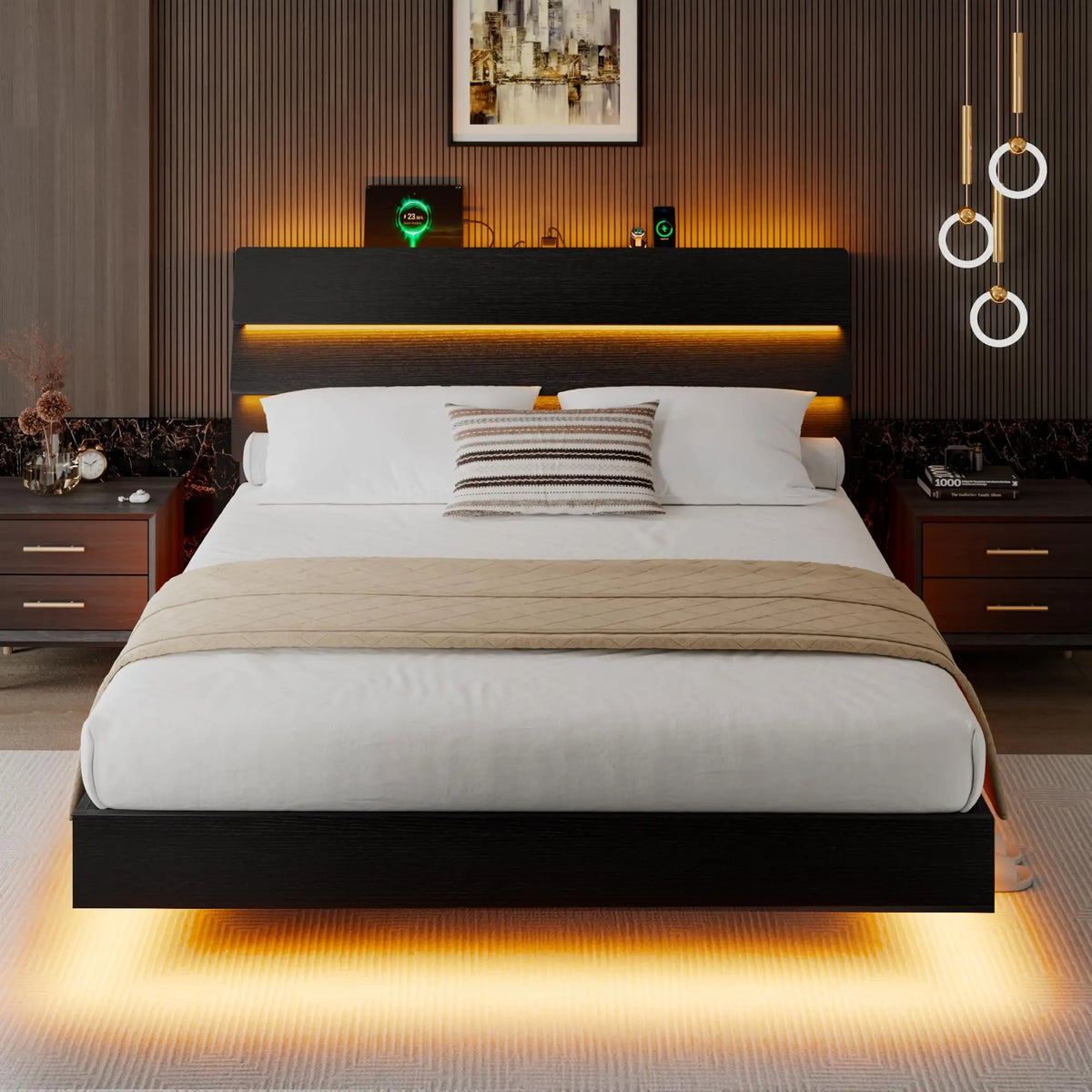 Queen Floating Bed Frame with LED Lights & Charging Station, Platform Bed with Wooden Storage Headboard, Steel Slats