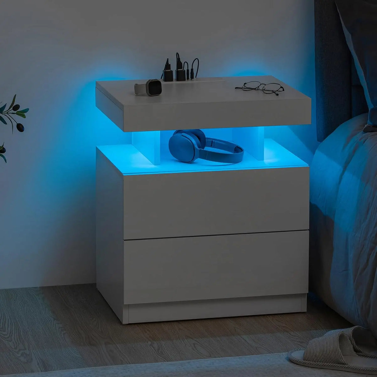 Nightstand LED Light & Charging Station USB Wireless Charging Modern 2 Drawer High Gloss Bedside Table Bedroom, Customized