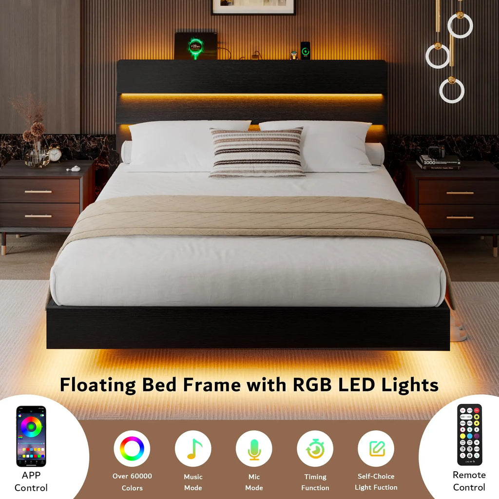 Queen Floating Bed Frame with LED Lights & Charging Station, Platform Bed with Wooden Storage Headboard, Steel Slats