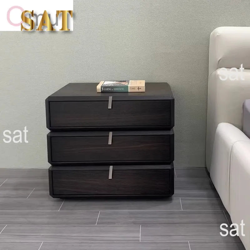 #Italian Style Minimalist Solid Wood Swivel Nightstand with Glass Top Chest Drawers Modern Light Luxury Home Bedroom Furniture