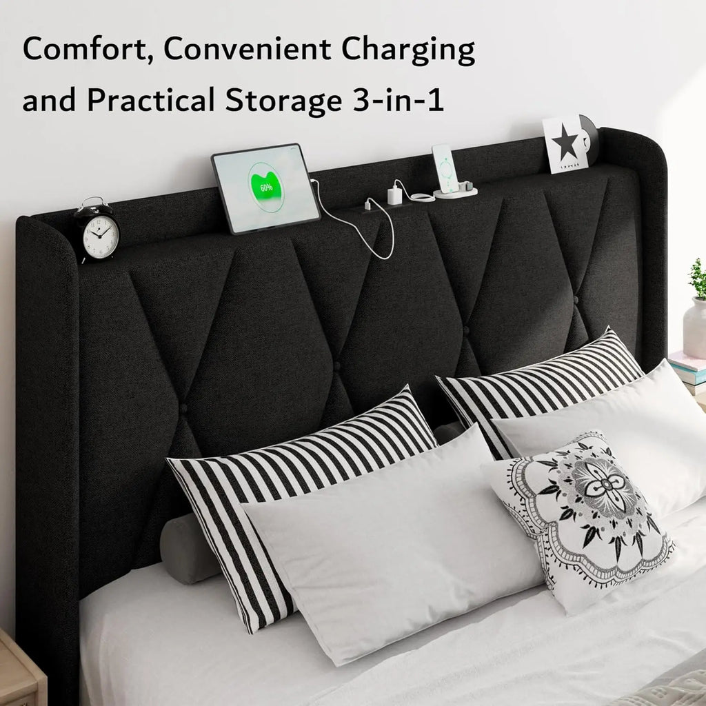 Queen Bed Frame with 4 Storage Drawers, Upholstered Platform Bed Frame with Charging Station, Modern Wingback Storage, Custom