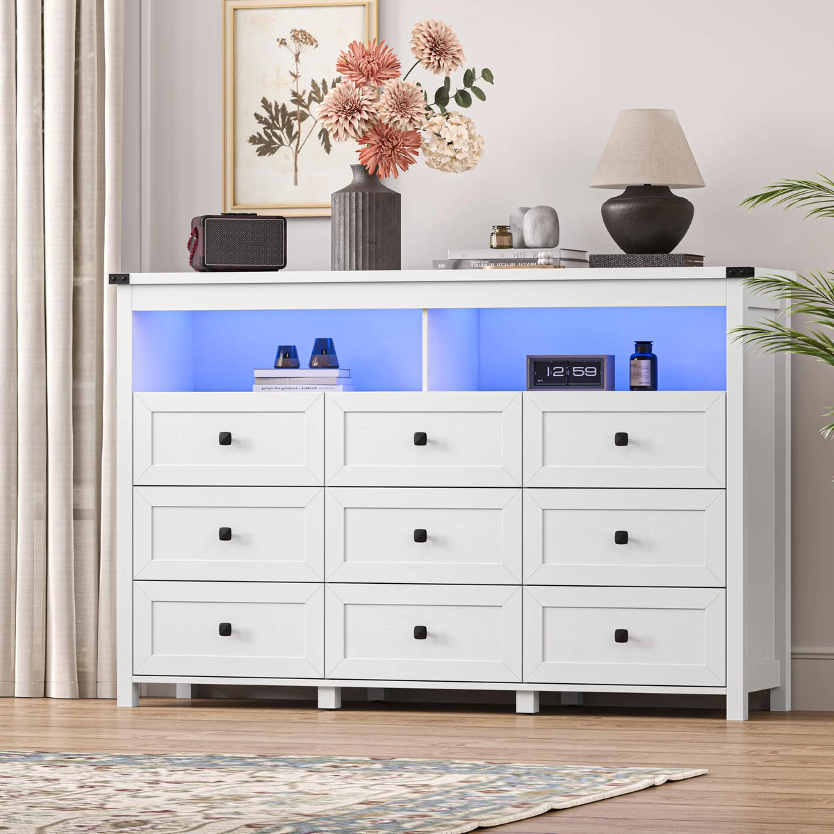 Dresser for Bedroom with 9 Drawers, LED Lights, Power Outlet, Black