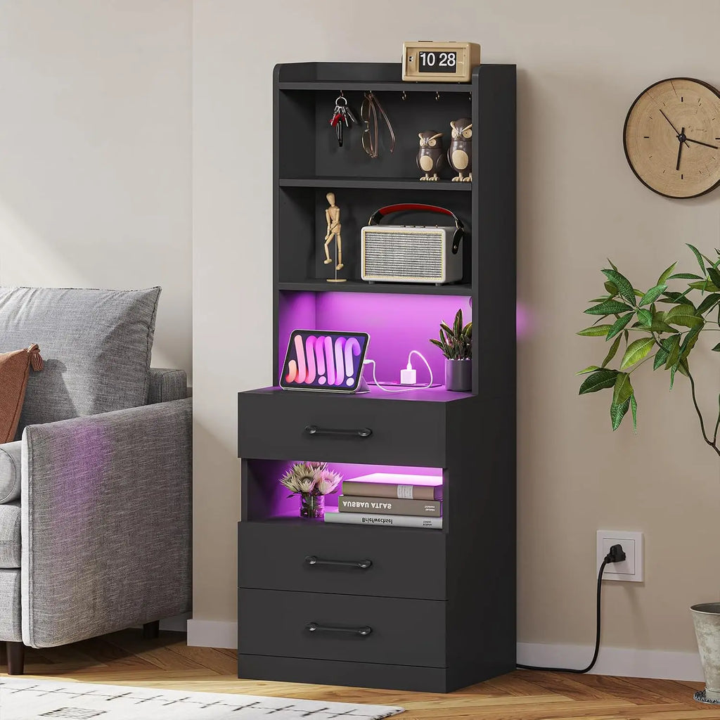 Tall Nightstand with Charging Station & LED, Black Bedside Table with Bookshelf & 3 Drawers, End Table for Bedroom, Customized