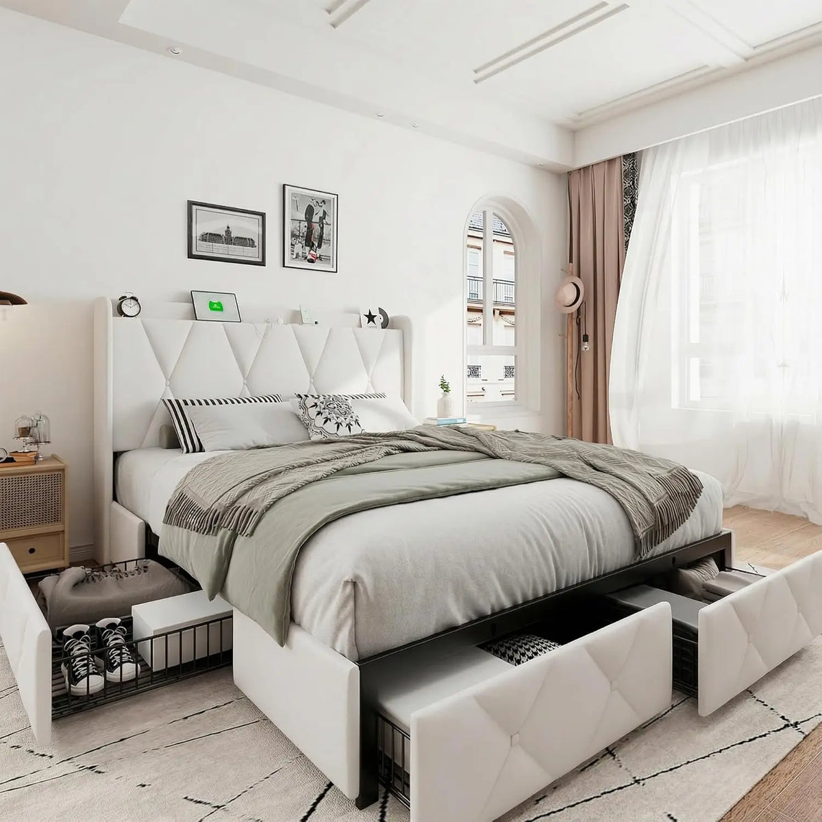 Queen Bed Frame with 4 Storage Drawers, Upholstered Platform Bed Frame with Charging Station, Modern Wingback Storage, Custom