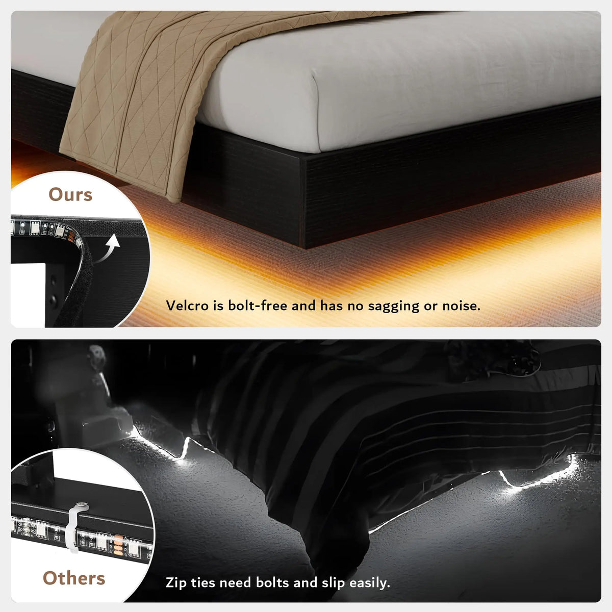 Queen Floating Bed Frame with LED Lights & Charging Station, Platform Bed with Wooden Storage Headboard, Steel Slats