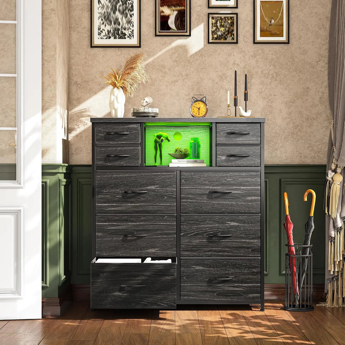 Black Dresser for Bedroom with 10 Drawers, LED & Charging Station, Customized